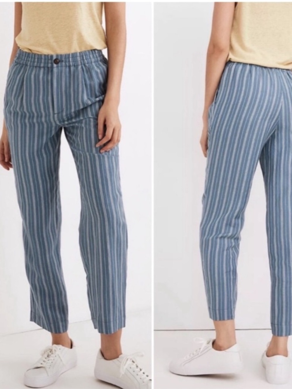 Madewell Linen Blend Track Trousers Cropped Striped Pants Blue xs